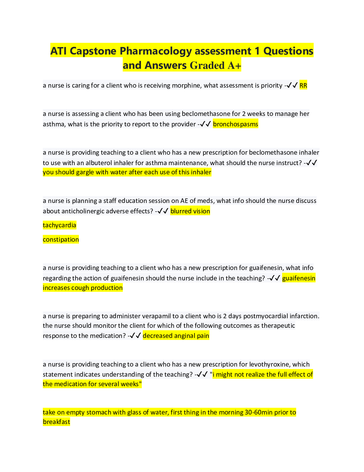 Preview of ATI Capstone Pharmacology assessment 1 Questions and Answers Graded A+